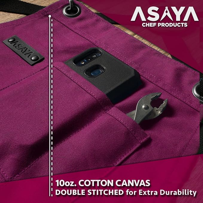 Asaya Chef and BBQ Apron with Bottle Opener and Hand Towel - 10oz Cotton Canvas, Stainless Steel Hardware - Cross Back Straps