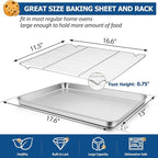 TeamFar Baking Sheet with Rack Set, Stainless Steel Baking Pan Cookie Sheet with Cooling Rack, Size 17.6 x 13 x 1inch, Non Toxic & Heavy Duty, Easy Clean & Dishwasher Safe