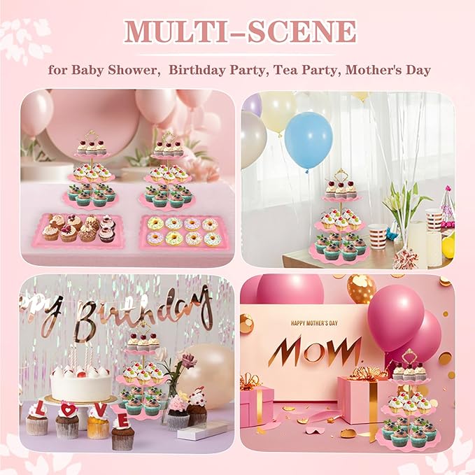 5 Pcs Dessert Table Display Set, Pink Plastic 2 Pcs Round 3 Tier Cupcake Stand Cup Cake Tower Stand with Metal Rod & 3 Pcs Serving Tray for Baby Shower, Tea Party, Wedding, Birthday Party