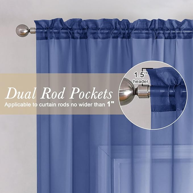 Royal Blue Sheer Curtains 54 Inch Length 2 Panels, Voile Light Filtering - Image 2