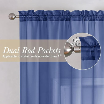 Royal Blue Sheer Curtains 54 Inch Length 2 Panels, Voile Light Filtering - Image 2