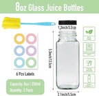 3 pack 8 oz Glass Juice Bottles with Lids, 250 ml Reusable Glass Water Bottles, Empty Drink Containers Drinking Jars with Brush, for Milk, Juicing, Kombucha, Ginger