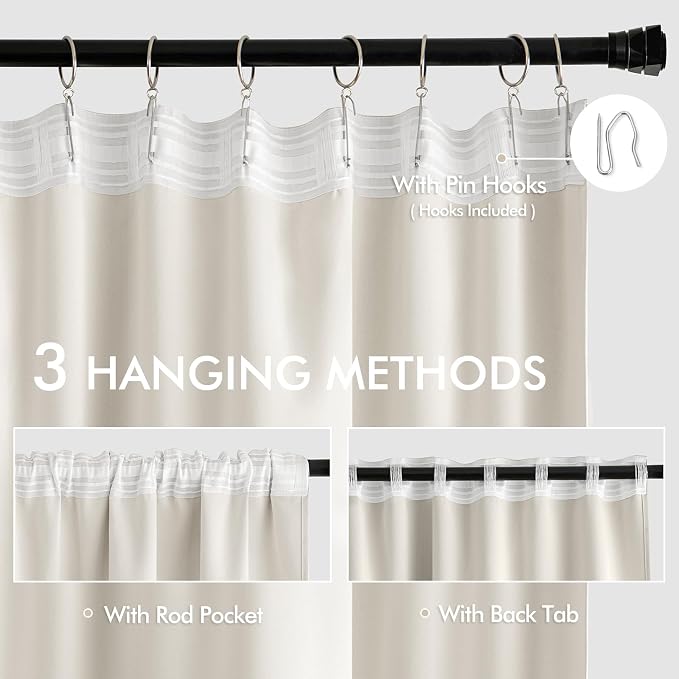 MIULEE Ivory Back Tab Blackout Curtains 52x90 Inch Long 2 Panels Set | Rod - Image 3