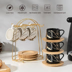 LUKA Ceramic Espresso Cups with Saucers and Metal Stand, Small 4 oz Porcelain Demitasse Cups Set of 6, Cute Cappuccino Coffee Cups for Double Espresso, Tea, Marbling White & Black