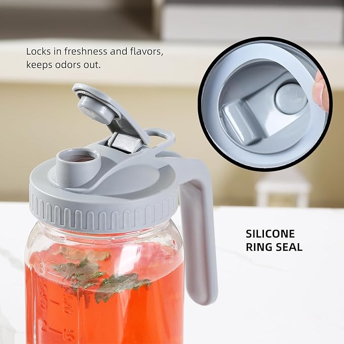 Glass Mason Jar Pitcher with Pour Spout Handle Lid, Breast Milk Pitcher Jug for Ice Tea, Cold Brew Coffee, Fridge Water, Juices, Leak Proof Storage Container (32oz 2Pack)