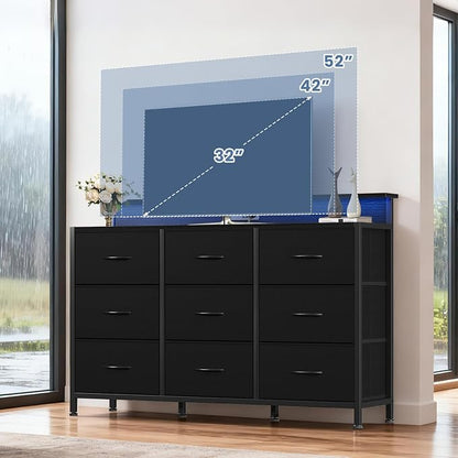DUMOS TV Stand Dresser with 9 Fabric Drawers and Open Shelves, Entertainment - Image 2