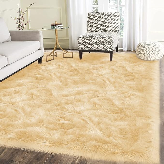 Latepis Yellow Area 5x8 Rugs Fluffy Faux Fur Washable Rug by Latepis