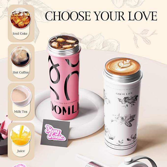GOOM 20 oz Spill Proof Tumbler with Lid and Straw, Top Handle, Extended Tea Infuser, 18/10 Stainless Steel, Insulated Hot & Cold Brew Gifts for Mom Women Her, Teacher Gifts - Floral White