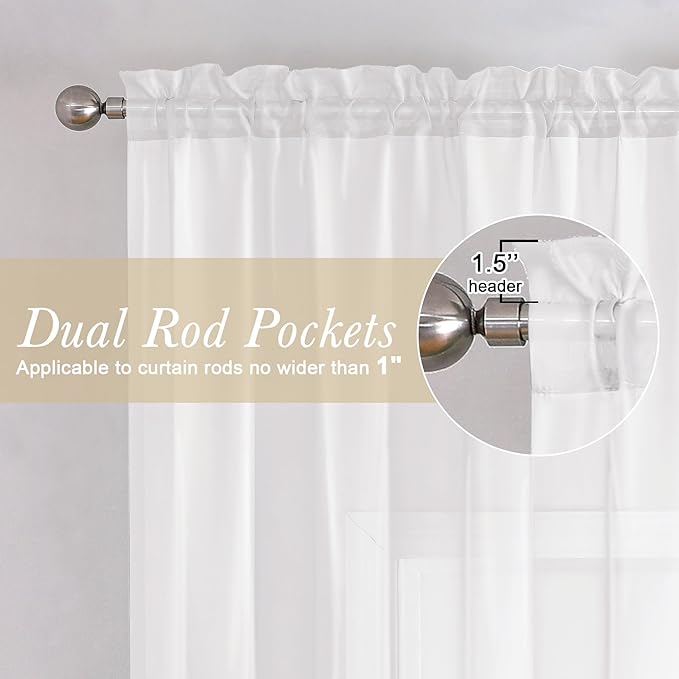 White Sheer Curtains 48 Inch Length 2 Pcs, Light Filtering Voile Bathroom - Image 3