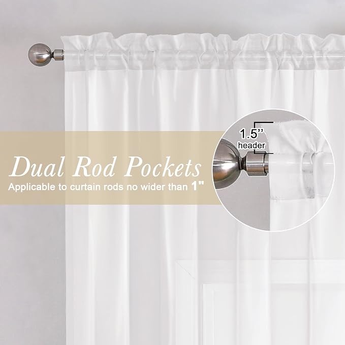 White Sheer Curtains 102 Inches Long 2 Pcs, Light Filtering Living Room Curtains - Image 5