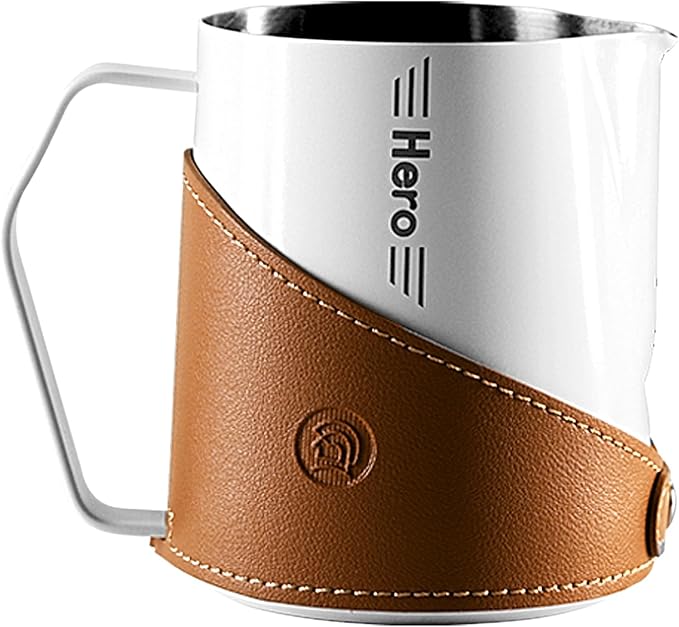 Milk Frothing Pitcher 450ml/16oz 304 Stainless Steel Espresso Steaming Pitcher with PU Leather, Milk Frothing Jug,milk frother cup,Milk Jug Cup,Premium Barista Tools,Latte Art (WHITE,16oz)