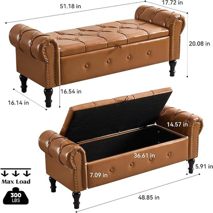 Storage Bench for Bedroom, Faux Leather 51" End of Bed Bench, Queen Size Bench - Image 2
