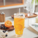 KEMORELA 2-Pack 24 Oz Ribbed Glass Tumblers with Lids and Straws, Handle Iced Coffee Cups, Clear Reusable Drinkware for Smoothies, Cold Beverages - Dishwasher Safe