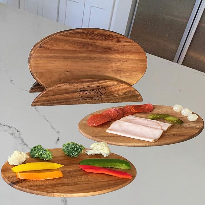 6 Acacia Wood Serving Boards with Stand, Perfect for Serving, Sushi, Cheese, Hors d'oeuvre, Charcuterie, Sandwiches by Woodard & Charles, 7 Piece Set, 9 1/2" x 6 1/2" ★★PACK OF 10★★
