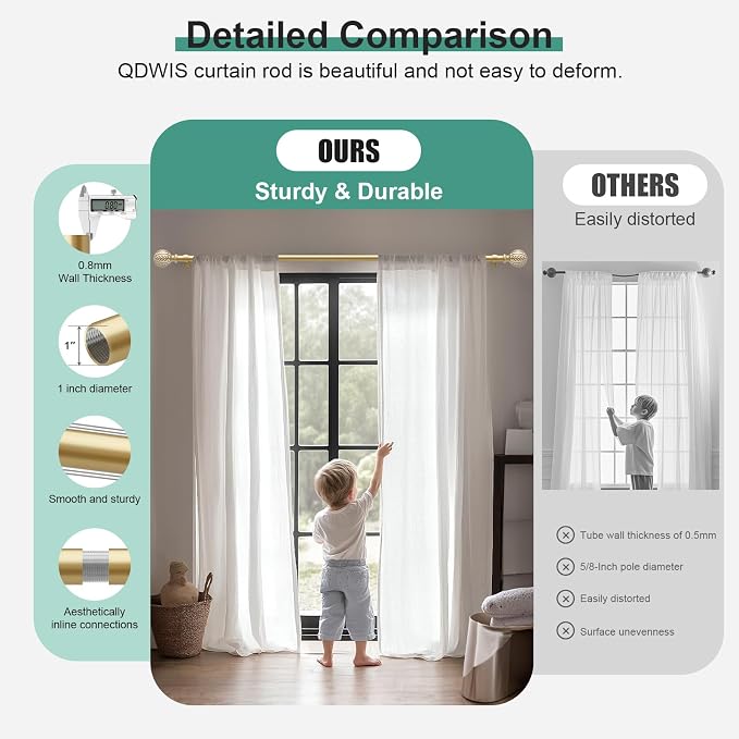 QDWIS Gold Curtain Rods for Windows 72 to 144 inch, Rustic Decorative Drapery - Image 3