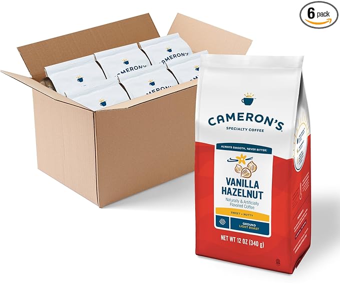 Cameron's Coffee Roasted Ground Coffee Bag, Flavored, Vanilla Hazelnut, 12 Ounce (Pack of 6)