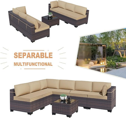 Kullavik 7 Pieces Outdoor Patio Furniture Set, Sectional Rattan Sofa Set Brown - Image 7