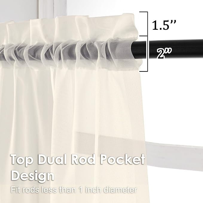 Cream Sheer Curtains 36 inch Length 2 Panels Set, Light Filtering Voile Rod - Image 2