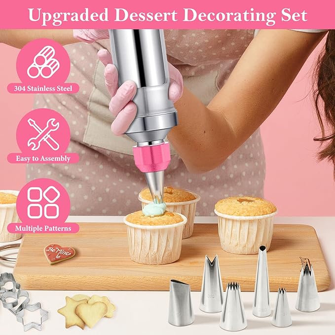 Dessert Decorating Syringe Set,Stainless Steels Cake Decorating Kit,Frosting Piping Kit,Cake Decorating Gun,Icing Piping Kit with 6 Piping Tips 9 Cupcakes 1 Brush & 12 Cookie Cutters