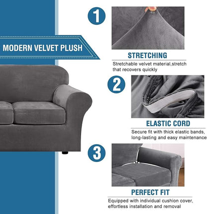 H.VERSAILTEX High Stretch Sofa Slipcover 4 Piece Cover Velvet Furniture - Image 3