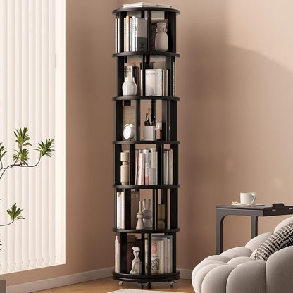 Muwuele Solid Wood Rotating Bookshelf on Wheels, 6 Tier, Round Revolving by Muwuele