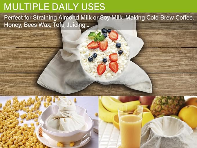 Olicity Cheese Cloths, 2PCS, Double-Layer, 20x20Inch, Reusable Grade 90 Cheese Cloth Bag for Straining, Hemmed Unbleached Cotton Precut Fine Mesh Muslin Cheesecloth for Juicing, Butter, Canning
