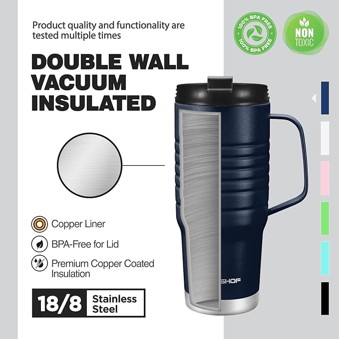HAUSHOF 24 oz Travel Mug with Handle, Stainless Steel Vacuum Insulated Coffee Travel Mug, Double Wall with Leakproof Lid, BPA Free