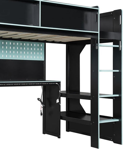 Modern Gaming Loft Bed with Built-in Desk, LED Lighting & Charging Hub –Twin - Image 7