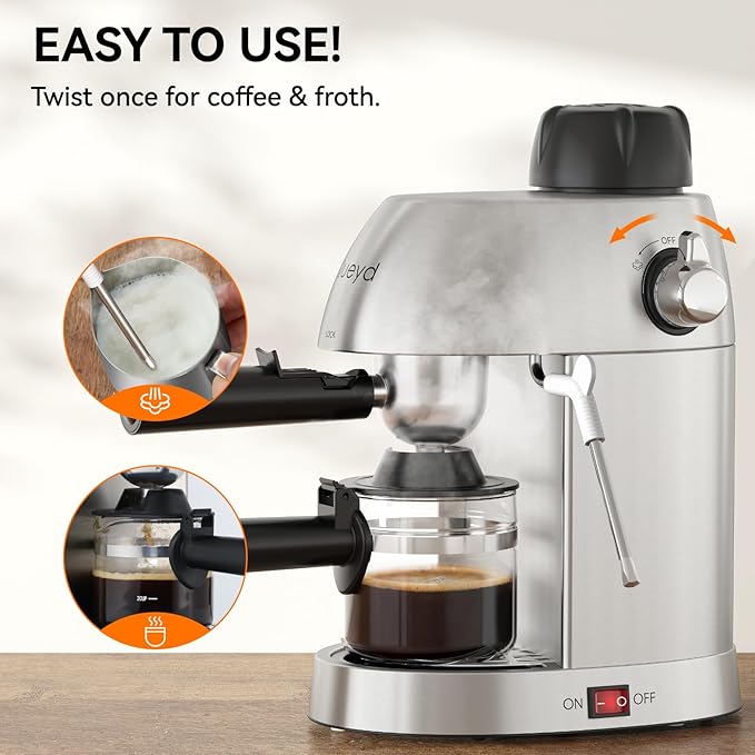 Queyd 3.5 Bar Espresso Machine,4-Cup Stainless Steel Coffee Maker with Steam Milk Frother, Compact Design Coffee Machine with Removable Drip Tray for Latte and Cappuccino, Silver