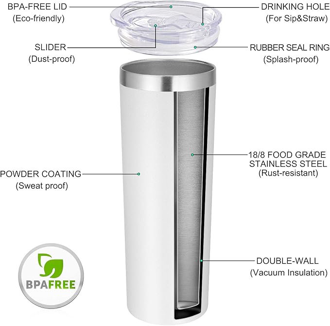 VEGOND Stainless Steel Tumblers Bulk 6 Pack, 20 oz Vacuum Insulated Skinny Tumblers with Lid and Straw, Double Wall Coffee Mug, Travel Water Cup, White