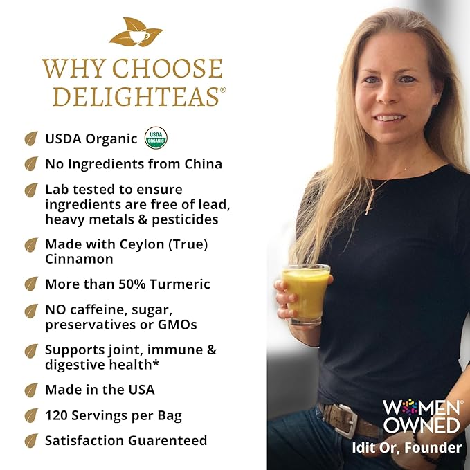 DelighTeas Organic Golden Milk Powder with Turmeric, Ginger, Ceylon Cinnamon | Ayurvedic Spices for Golden Turmeric Latte | Unsweetened, Vegan, Non-GMO, Keto | 120 Servings, 5 oz.