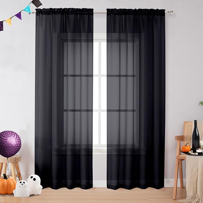 2 Pieces Black Sheer Curtains 96" Inch Long by OVZME