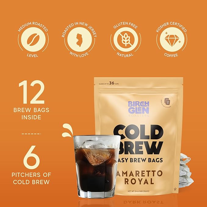 Birch Glen Roasters Cold Brew Coffee Bags - 12 Pack of Coarse Ground Coffee Filter Pitcher Packs for Easy Brewing - 100% Arabica - Yields 6 Pitchers - Caramel Cream Flavor