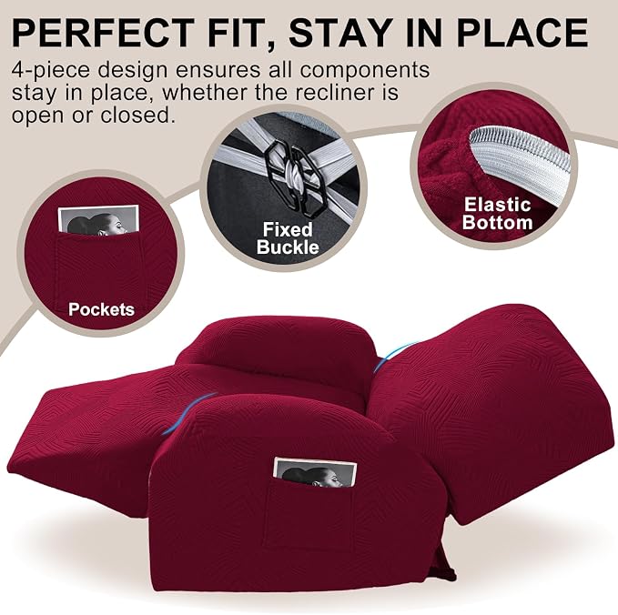 Oversized Recliner Chair Covers, 4-Piece Stretch Geometric Strokes Jacquard - Image 4