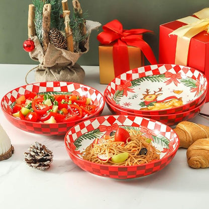 HASENSE Pasta Bowls Set of 4, 42 Ounce Ceramic Salad Serving Bowl for Kitchen,9.7 Inch Large Shallow Bowls for Pasta Soup Salad Dinners,Holiday Gatherings,Christmas, Dishwasher & Microwave Safe