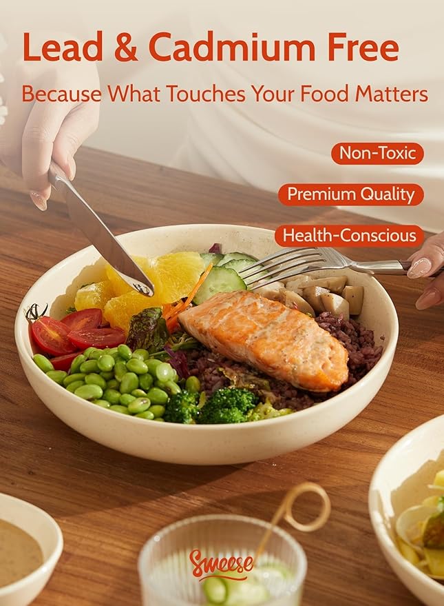 Sweese 30 Oz Salad Serving Bowls Set of 6, 8.4 Inch, Porcelain Pasta Plates - Microwave Dishwasher Safe, Beige