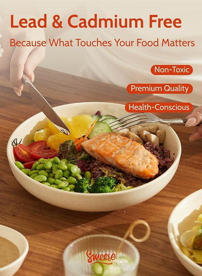 Sweese 30 Oz Salad Serving Bowls Set of 6, 8.4 Inch, Porcelain Pasta Plates - Microwave Dishwasher Safe, Beige