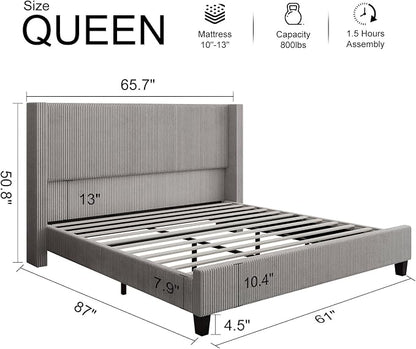 HOWE Queen Size Bed Frame with 50.8" Tall Wingback Headboard, Modern Corduroy - Image 2