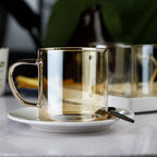 LUXU 4pcs Set Simple Glass Coffee Mugs-Hand Blown&Seamless Design,14 oz Amber Coffee Cups-Heat Resistant and Explosion-Proof,Lightweight Tea Mugs with Anti Scald Handle Ideal for Home,Cafe,Coffee Bar