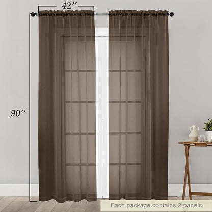 Sheer Chocolate Curtains for Bedroom Living Room 90 Inches Long 2 Panels Set - Image 2