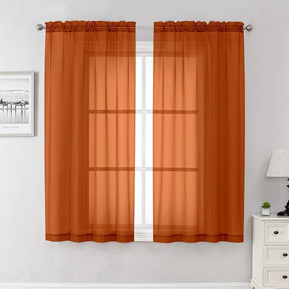 Orange Sheer Curtains 63 Inch Length 2 Panels Set, Window Curtains by Lecloud