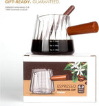 Double V-Spout Espresso Shots Cup (6OZ) with Wooden Handle - Left & Right Handed | Milk Frothing Pitcher & Measuring Cup | Espresso Accessories Set with Bonus Walnut Stirrer