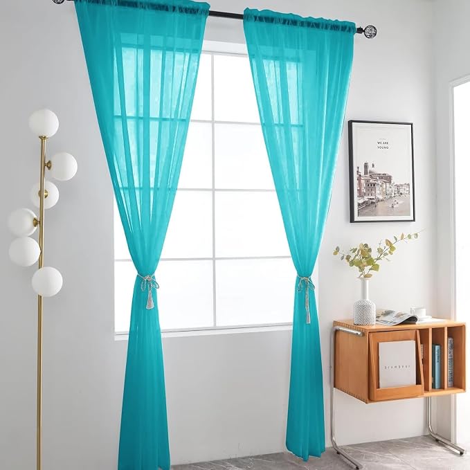 SpaceDresser Basic Rod Pocket Sheer Voile Window Curtain Panels Peacock Blue 1 - Image 2