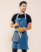 Caldo Linen Kitchen Apron for Cooking- Mens and Womens Linen Bib Apron for Professional Chef, Server, or Barista- Adjustable with Pockets (Vintage Blue)