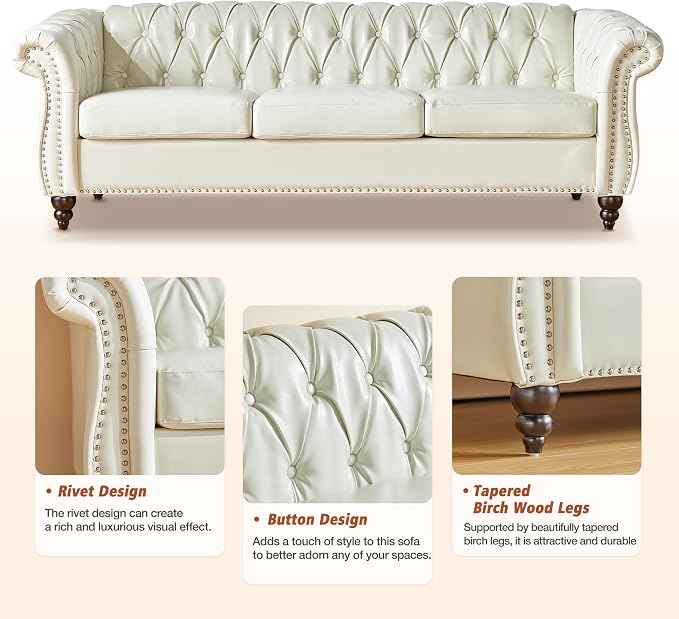 Chesterfield 3 Seater Sofa, Modern Leather Tufted Couch 3 Seater - Image 5