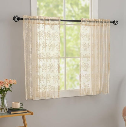 YJ YANJUN Vintage Lace Curtains 24 inch Length 2 Panles Short Sheer Cafe - Image 2