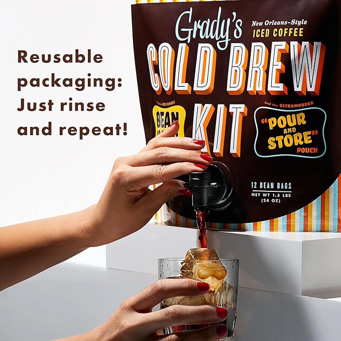 GRADY’S COLD BREW, New Orleans Style, 100% Arabica Ground Coffee & Chicory Pouches, 2 All-in-One Cold Brew Kits, each with 12 Easy-to-Brew Beans Bags, Makes 72 drinks