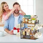 EsLuker.ly Coffee Bar Station Organizer Mug Cup Holder Stand for Countertop, Multi-Functional 2 Tier Mug Tree Rack for Kitchen, Storage Shelf with 12 Removable Hooks, Coffee Nook Enhancer