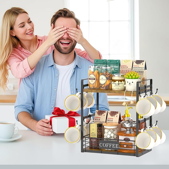 EsLuker.ly Coffee Bar Station Organizer Mug Cup Holder Stand for Countertop, Multi-Functional 2 Tier Mug Tree Rack for Kitchen, Storage Shelf with 12 Removable Hooks, Coffee Nook Enhancer