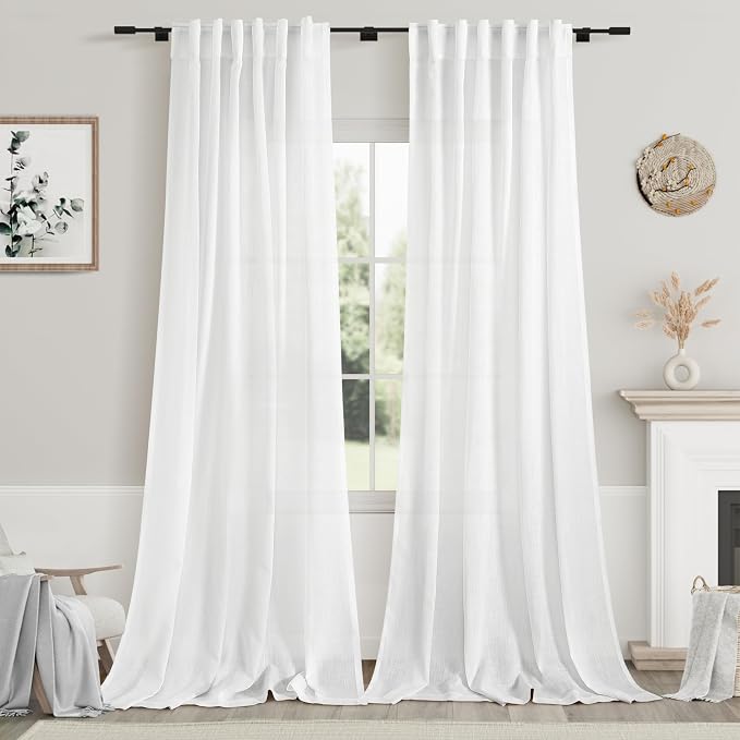 White Linen Sheer Curtains 102 Inches 2 Panels Set Back Tab Rod Pocket Extra by Nanspring